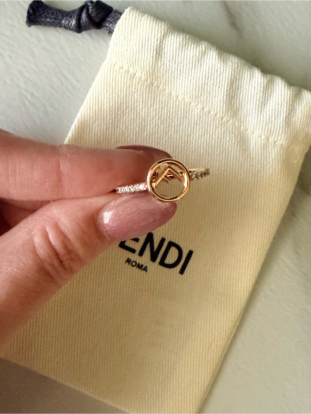 Fendi Gold Logo Circle Ring with Pavé Band Size Large Brand New